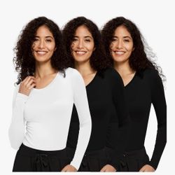 NEW~SIZE XS~2  BLACK 1 WHITE~COZYFIT 3 Pack Underscrub Long Sleeve Women - Undershirts for Women Soft Fabric