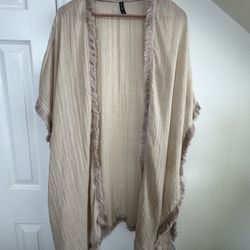 Blue Mint Women's Beige Duster Kimono Luxurious Sheer Feathery Trim Cardigan