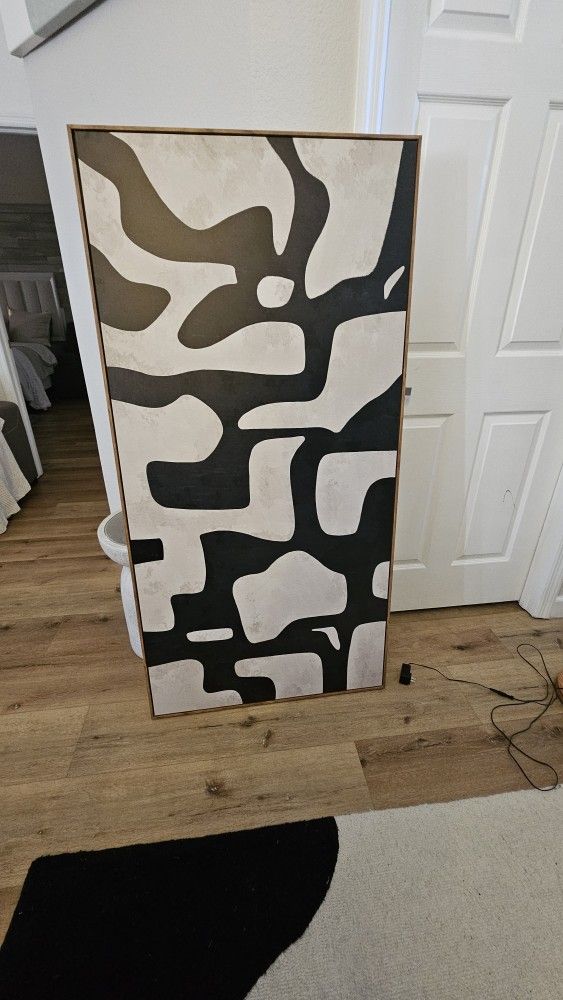 Mid Century Shape Abstract Contours, Black And White Beige Artwork, Retro Bedroom Home Decor, Extra Large Framed Canvas Print Wall Art
