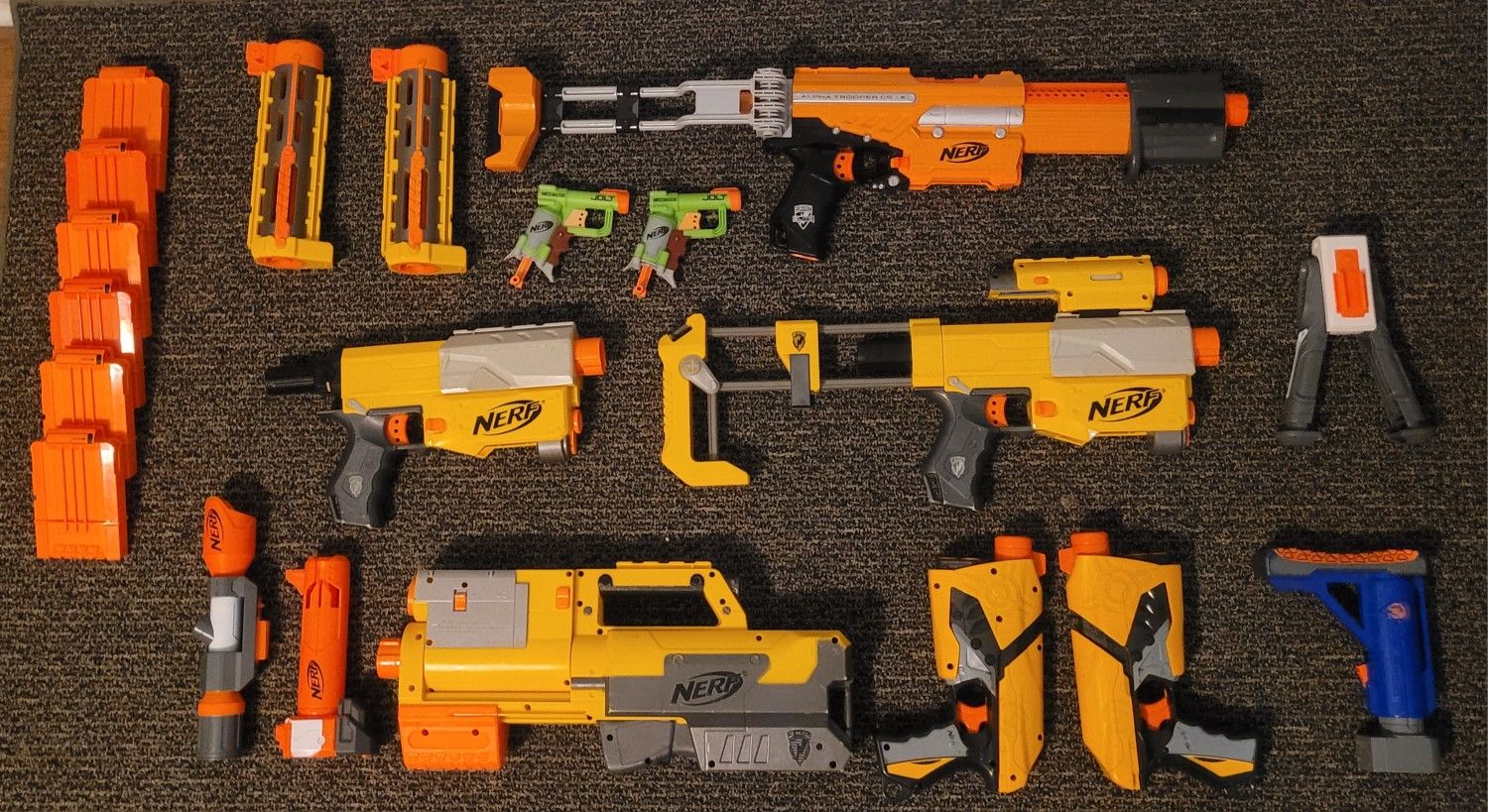 Bulk NERF blaster variety.