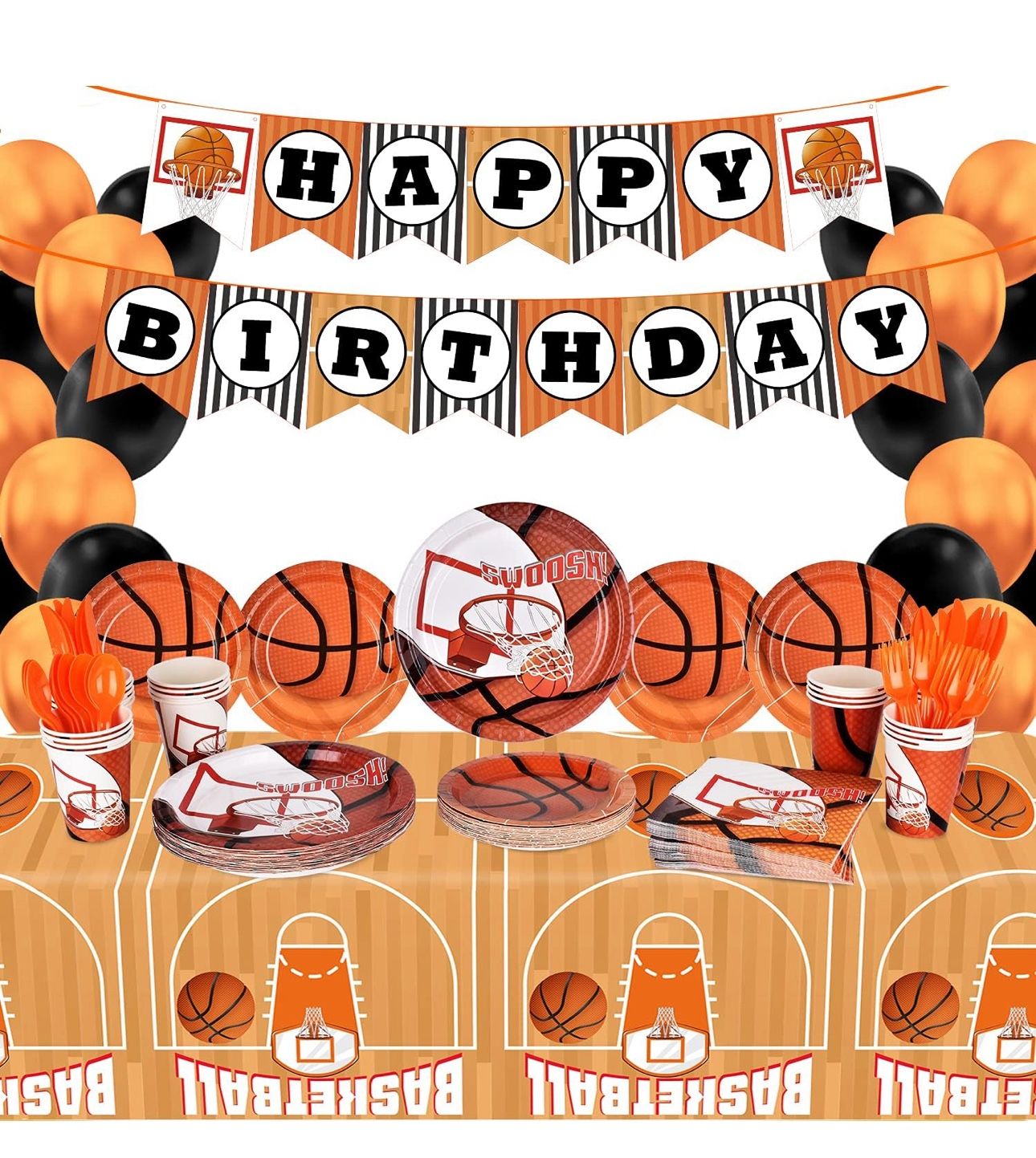 Basketball Party Supplies Paper Plates Napkins Cups Knives Forks Spoons with Balloons and Banner for Kids and Adult Birthday Party March Madness Party