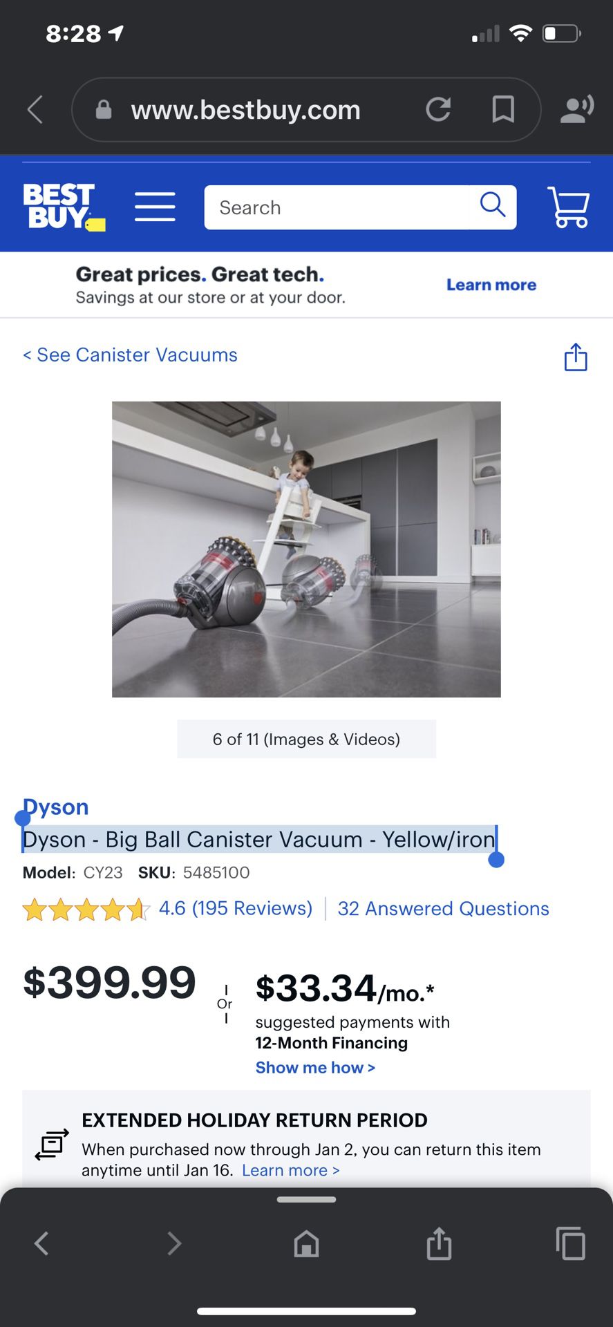 Dyson - Big Ball Canister Vacuum - Yellow/iron