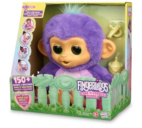 Care ‘n’ Cuddles Interactive Baby Monkey, Sunny (Purple), Toys for 3 Year Olds, 150+ Sounds and Reactions, Heart Lights Up