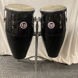 Lp  Black Fiberglass Congas With Stand And Cases