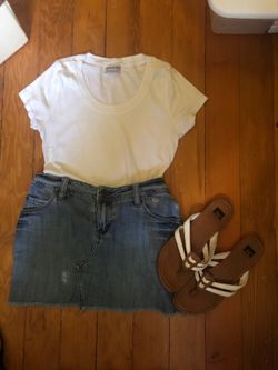 Micheal Stars plain white T shirt.. mini skirt with frayed bottom Sz 3 white BP sandals Sz 6. Will sell as bundle or separate.