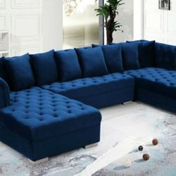 [EXCLUSIVE] Presley 3-Piece Velvet Double Chaise Navy Sectional

