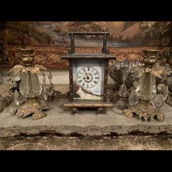 Antique Clock With 2 Antique Candle Holders