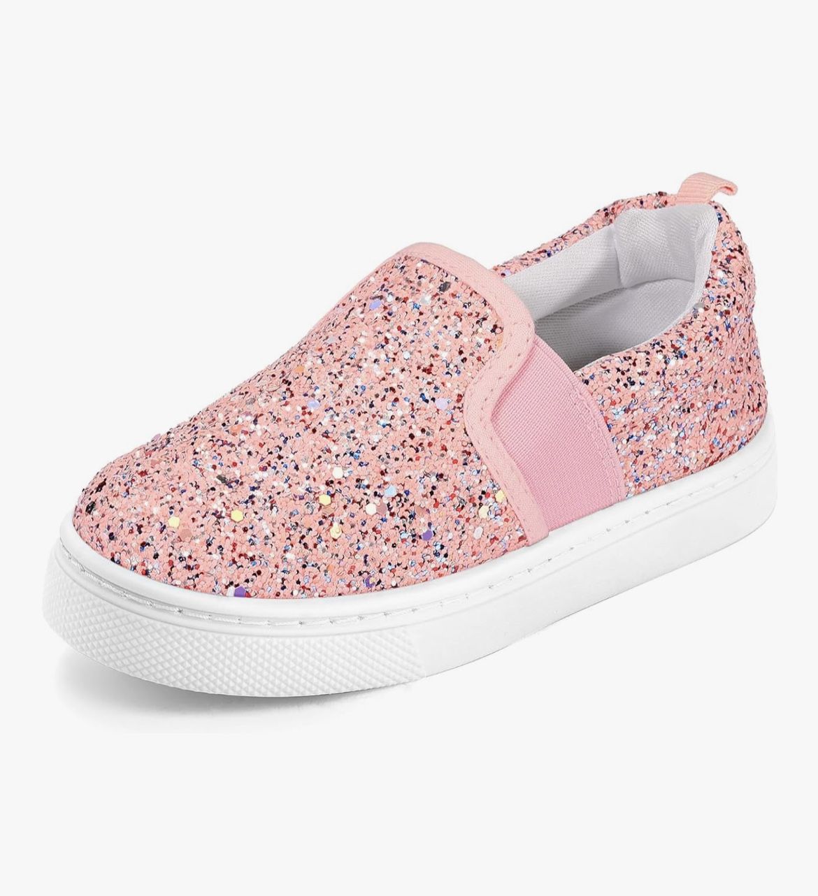 Size 11 Little Kid Girls Slip-on Running/Walking Canvas Sneakers, Pink with Multi Glitter, NEW