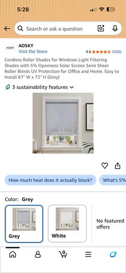 AOSKY Cordless Solar Shades 67"W x 72"H