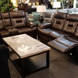 Brand New Brown Gel Leather Manual Reclining Sofa + Loveseat With Cup Holders 2PCs Set