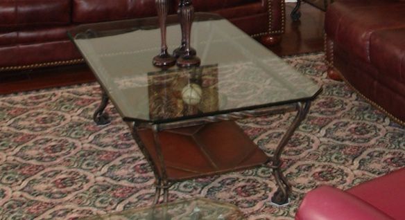 Table set of 3, Wrought Iron, Leather, Glass