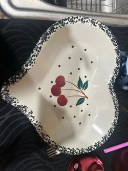 Vintage Cherry Print Enamelware Serving Dish