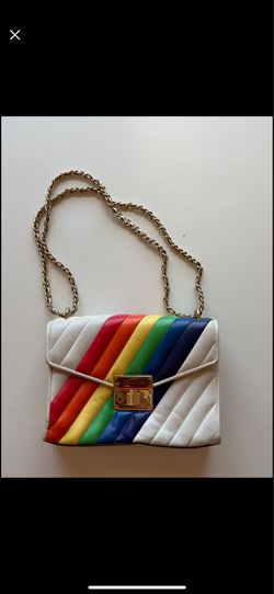 Michael Kors Rainbow Stripe Crossbody Purse White Leather Gold Chain