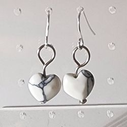 White Howlite And Silver Heart Dangle Earrings