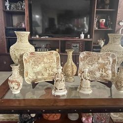 Vintage Chinese Cinnabar Hand Carved Set