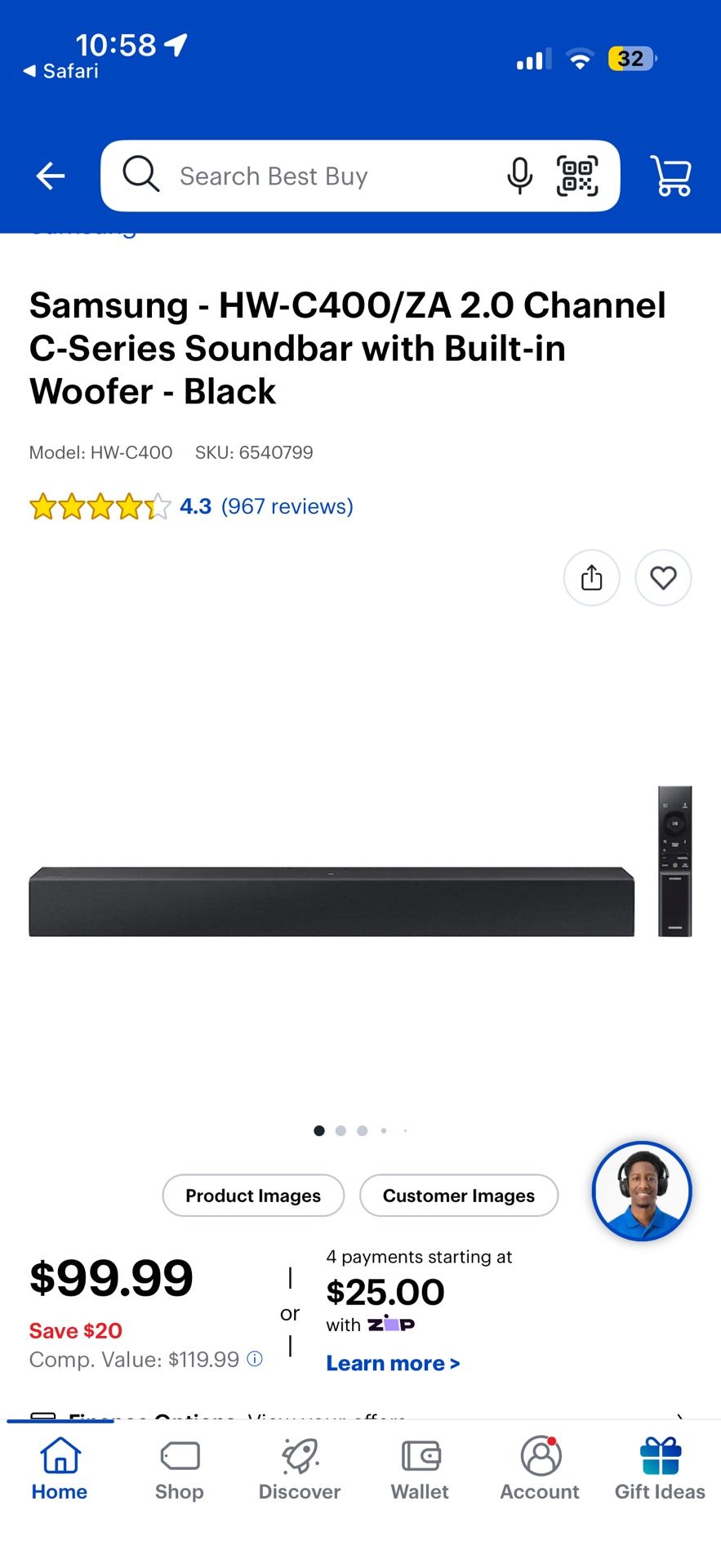 Samsung HW-C400 2.0 Channel Soundbar with Built-in Woofer – Black