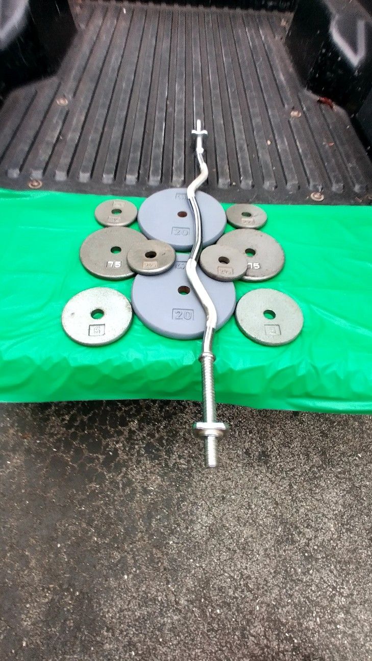 STANDARD EASY CURL BAR WITH PANCAKE PLATES = 85 LBS. (PAIRS OF) : 20s 7.5s 5s & (4) 2.5s