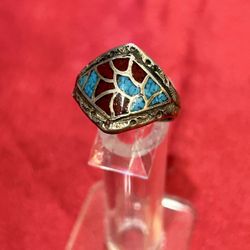 Beautiful Sterling Silver Navajo Turquoise and Coral Chip Inlay Ring.