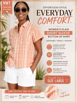🌸 NWT Women’s Plaid Short Sleeve Button-Up Shirt – Size Large 🌸