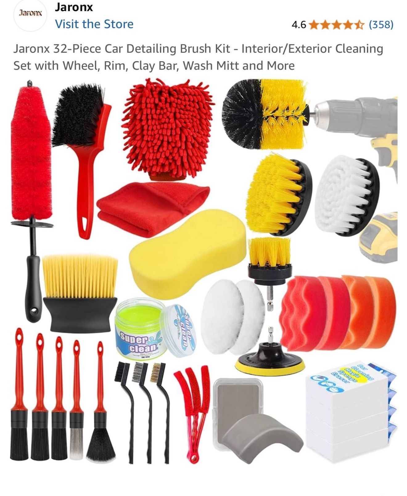 Jaronx 32-Piece Car Detailing Brush Kit - Interior/Exterior Cleaning Set with Wheel, Rim, Clay Bar, Wash Mitt and More