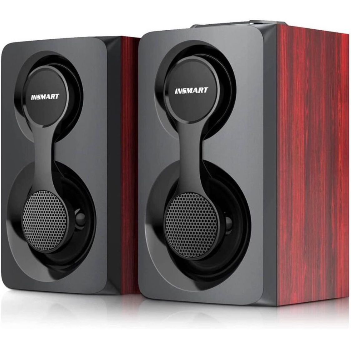 Computer Speakers, Support Wired and Bluetooth 5.0, Wooden Speakers with 2.0 Stereo Volume Control, Triple Channel Multimedia Speakers for PC/Laptops/