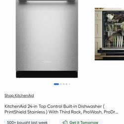 KitchenAid 24-in Top Control Built-in Dishwasher ( PrintShield Stainless ) With Third Rack, ProWash, ProDry Item #(contact info removed) , Model #KDTS