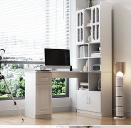 L shape office table and library