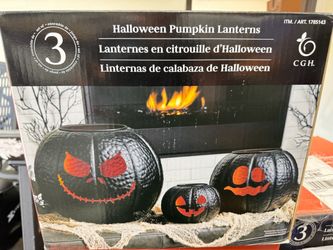 Halloween Metal Pumpkin Lanterns Set of 3 – Black Jack O’ Lantern Decor