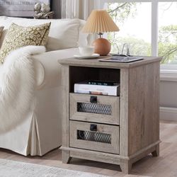 Nightstand with Charging Station,OKD 18'' Industrial & Farmhouse End Table with 2 Drawers & Open Cubby, Rustic Mesh Drawer Sofa Side Table w/Storage f