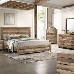 Brand New Rustic Natural Tone 4pc Queen Bedroom Set (Available In Eastern King)