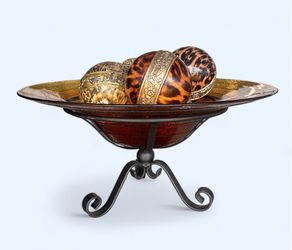 Large Amber Glass Fruit Bowl On Footed Metal Stand Tabletop Center Piece