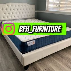 Cal King White Crystal Button Tufted Bed w. Orthopedic Mattress Included 