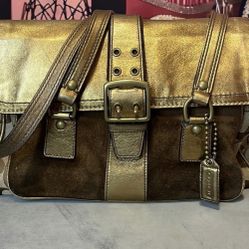 Vintage Coach Special Edition Brown Jacquard Gold Suede Handbag