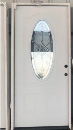 White Steel Entry Door with Oval Glass Insert