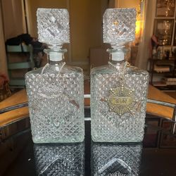 Two 1960s Square Glass Liquor Decanters with Tags, Barware Bottle