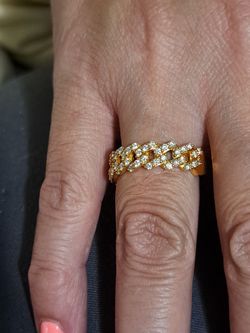 14k Yellow Gold Frosted With Diamonds Miami Cuban Link Woman's Ring Size 9 3/4