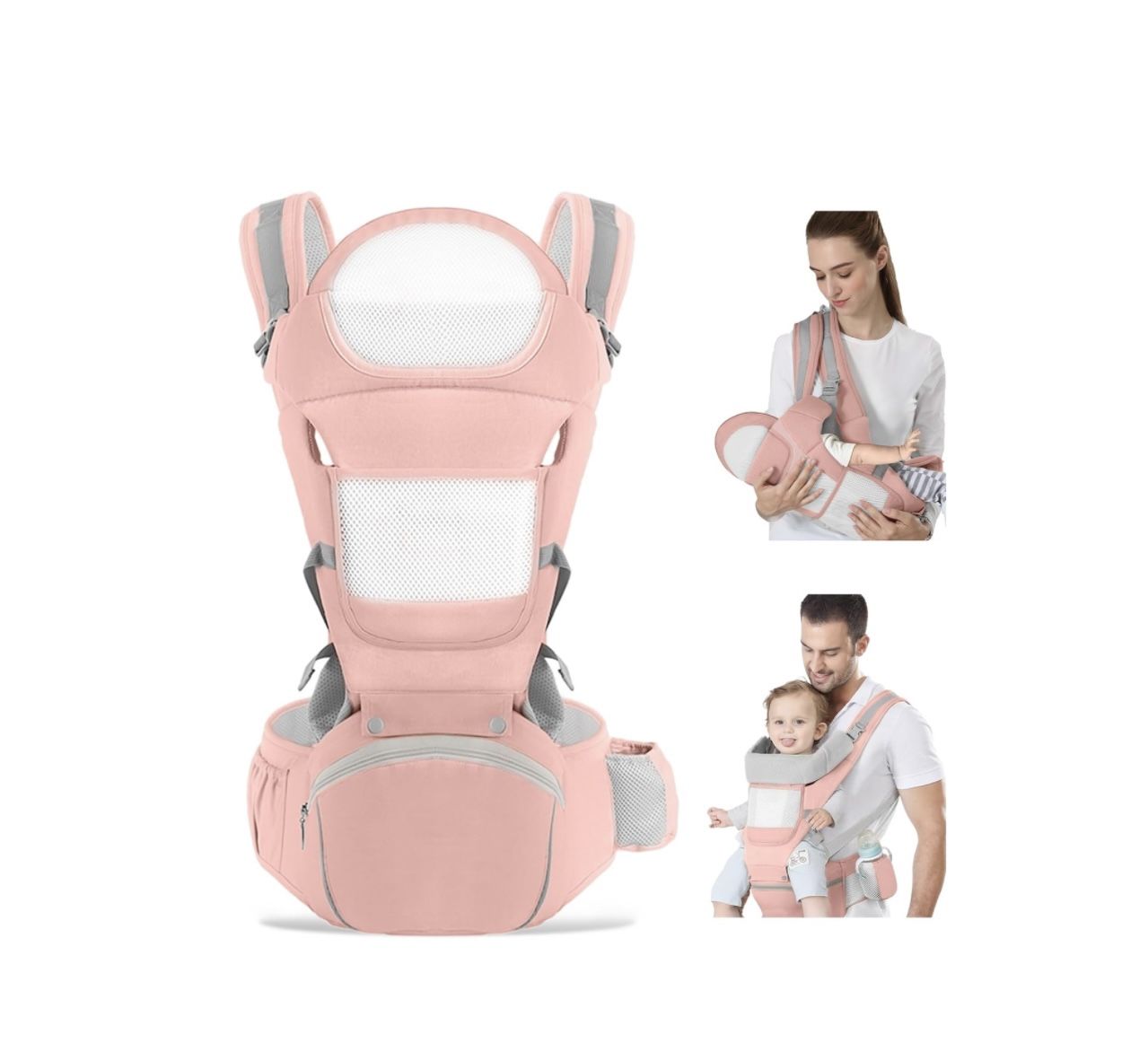 Baby Carrier with Hip Seat for Dad: Baby Carriers Newborn to Toddler Ergonomic M Position Toddler Carrier 6in1 Head Support Infant Carrier Mesh Baby C