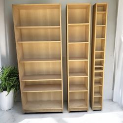 3 assorted Maple tall large 6-layer shelf bookcase $95,  medium $65, thin tall 10 shelf bookcase $45 