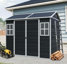 New in Box 8x6 ft Outdoor Resin Storage Shed with Floor, Waterproof Plastic Garden Shed with Lockable Door and Two Windows