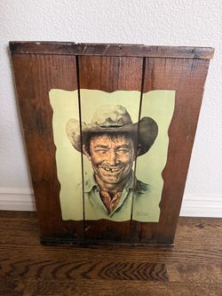Vintage bill Hampton 25” Cowboy Portrait on Wood Plank panel Wall Art
