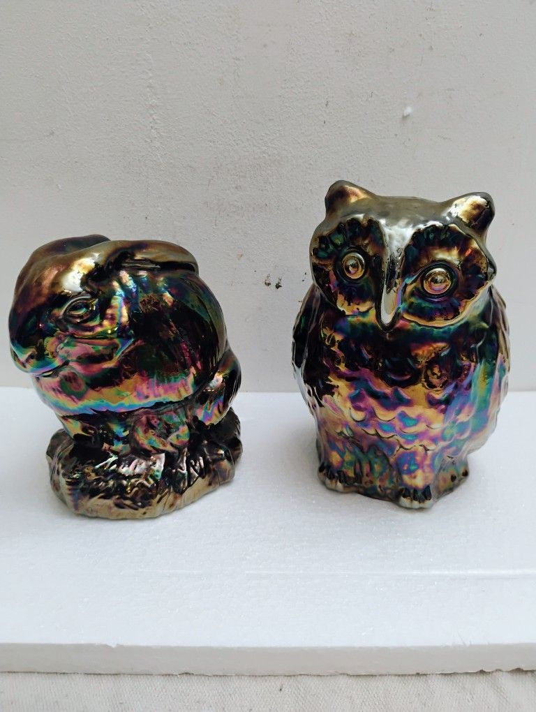 Carnival Glass Owl And Rabbit By Fenton