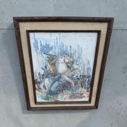 Vintage MCM Impressionistic Viking Medieval War Battle Scene Horse Oil Painting by Berdou 32.5x39”