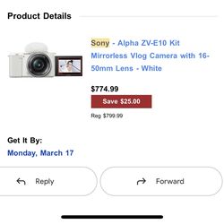 Sony Apha ZV-E10 Kit Mirrorless Vlog Camera w/16-50mm Lens -White