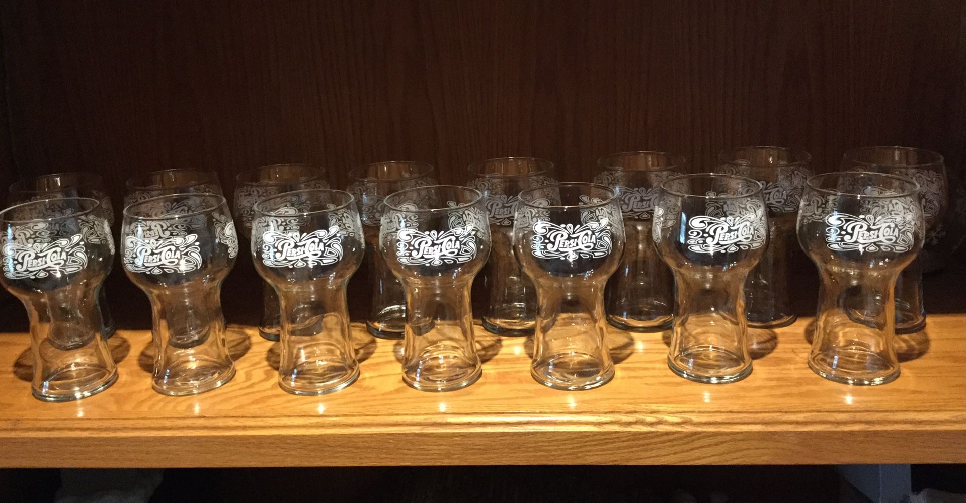 1970s Vintage Pepsi Cola Fountain Design Glasses; Set of 15