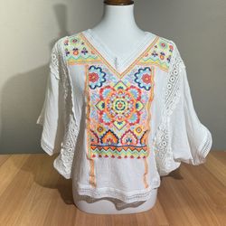 Boho Embroidered Tops Long Sleeve Peasant Casual Loose Tunics size small women’s