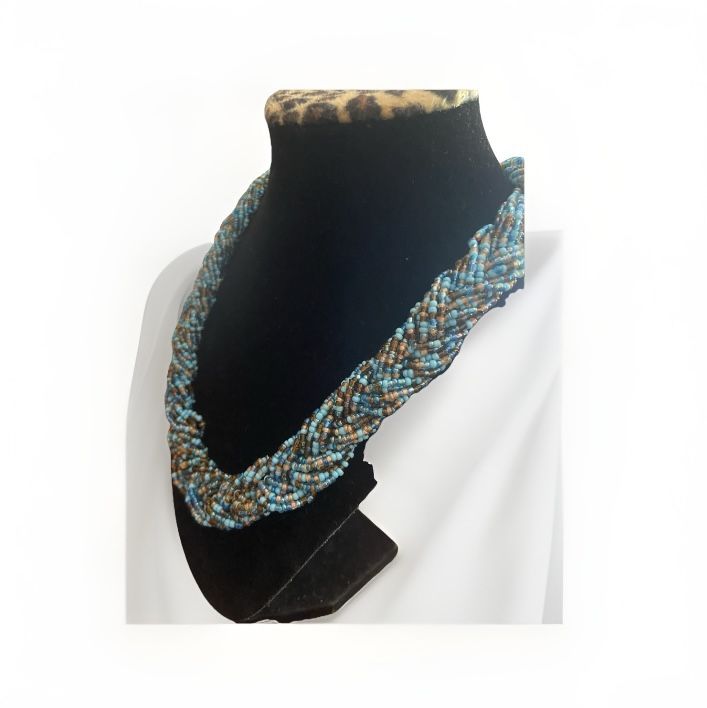 Vintage GCM Very Pretty blue Seed Bead Braided Choker Necklace