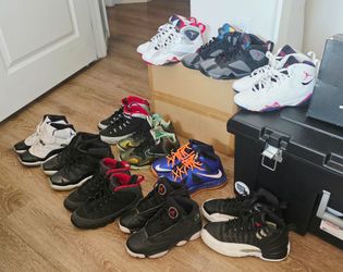 10 pairs of Jordans/Nikes, mostly sizes 4Y–5Y.