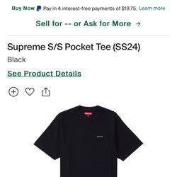 Supreme Pocket Tee (Black)Size (M) Brand New 