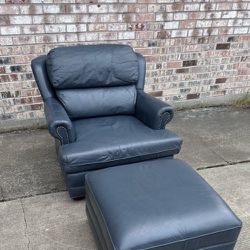 Comfy Blue Leather Chair & Ottoman (Delivery Available)
