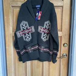 Pendelton Mens Cardigan Indian Blanket Southwest Aztec 100% Lambswool Grey  XL
